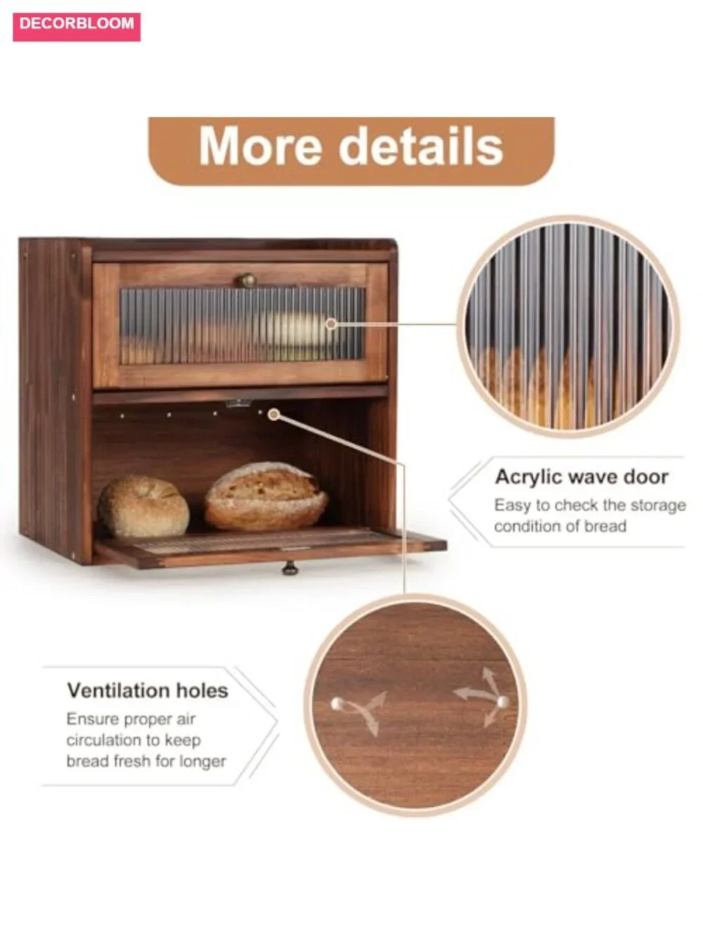 Large Wooden Bread Box for Kitchen Countertop Storage with Acrylic Window